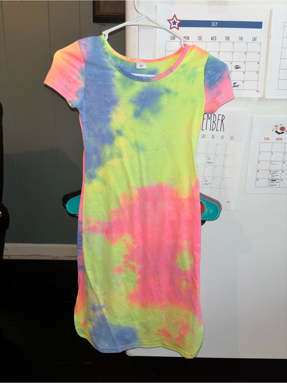 SHEIN Neon Tie-Dye Short Sleeve Dress in Pink, Yellow & Blue